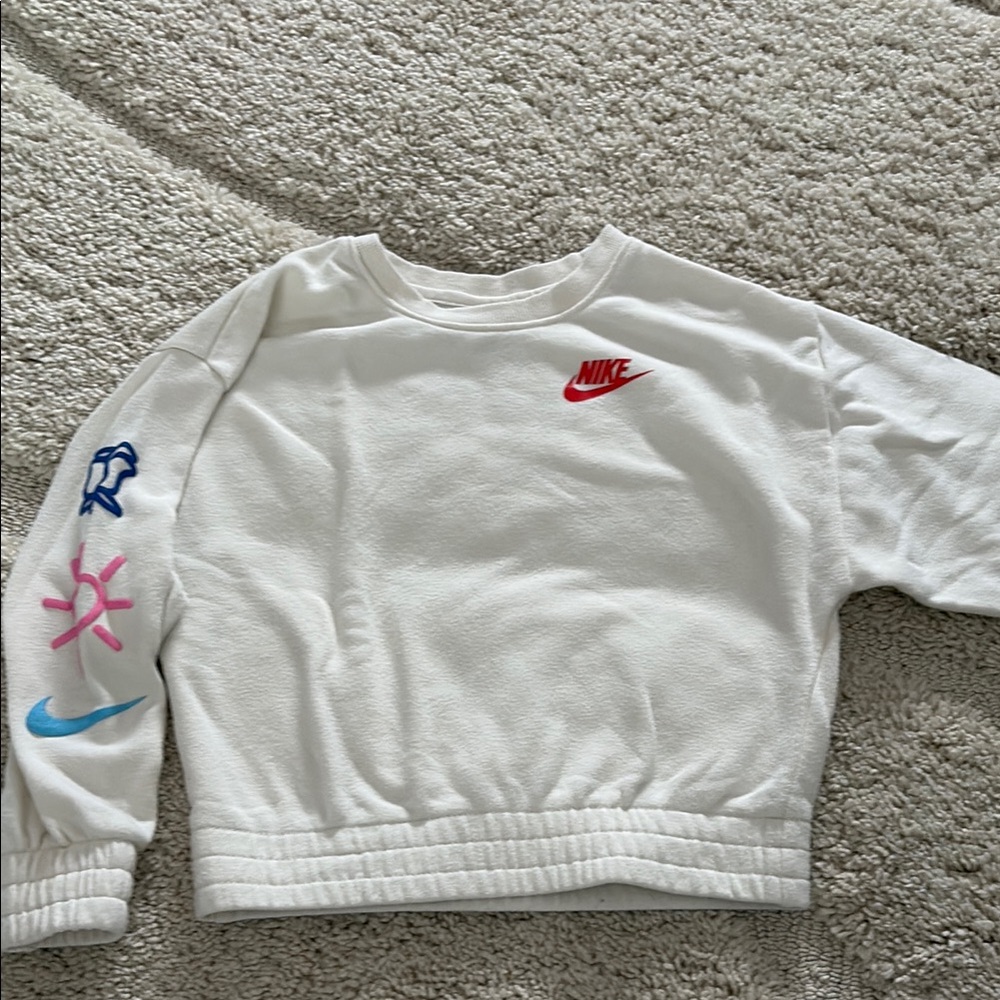 Nike Kids White Sweatshirt with Colorful Sleeve Accents